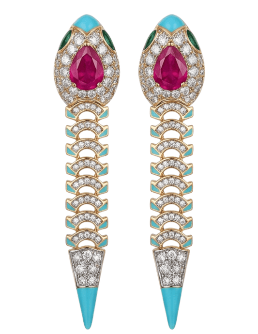 Austin Blaze Venom Embellished statement earrings featuring pink CZ stones, turquoise enamel accents, crystal embellishments, and a gold-tone snake-inspired design.