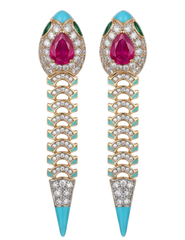 Austin Blaze Venom Embellished statement earrings featuring pink CZ stones, turquoise enamel accents, crystal embellishments, and a gold-tone snake-inspired design.