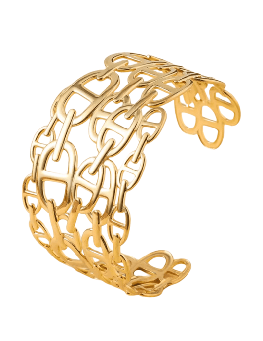 Side angle of Austin Blaze gold cuff bracelet with adjustable fit and chain links