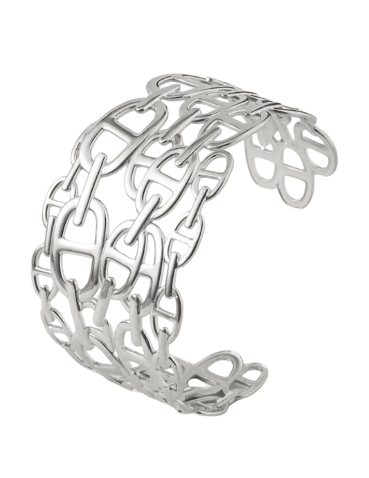 Side angle of Austin Blaze silver cuff bracelet with adjustable fit and chain links