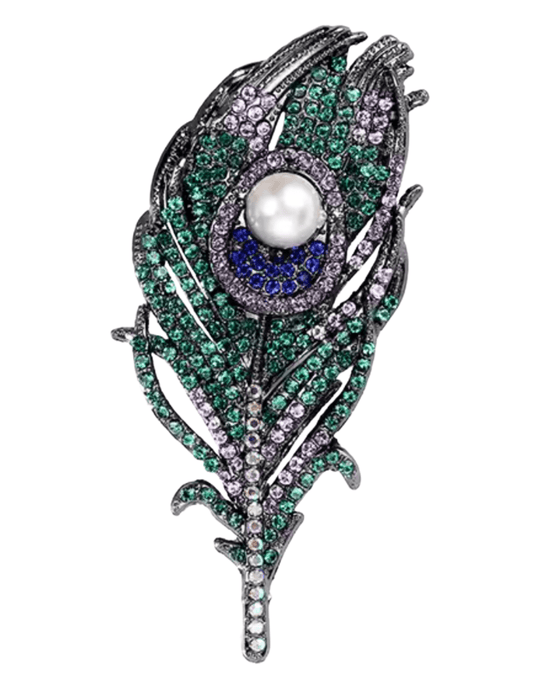 Austin Blaze Willa peacock feather brooch in blue green with CZ pavé and pearl center