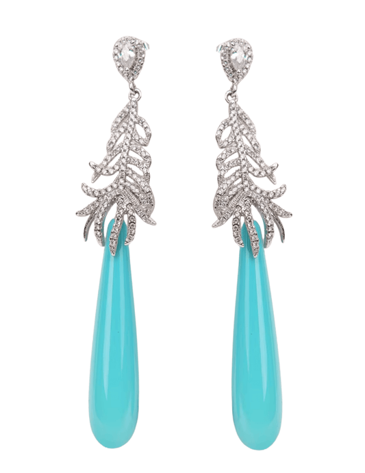 Turquoise teardrop earrings with silver feather-like designs on a white background