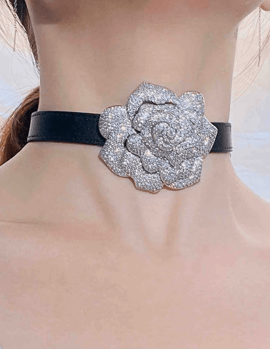 Black vegan leather choker necklace with silver crystal camellia flower