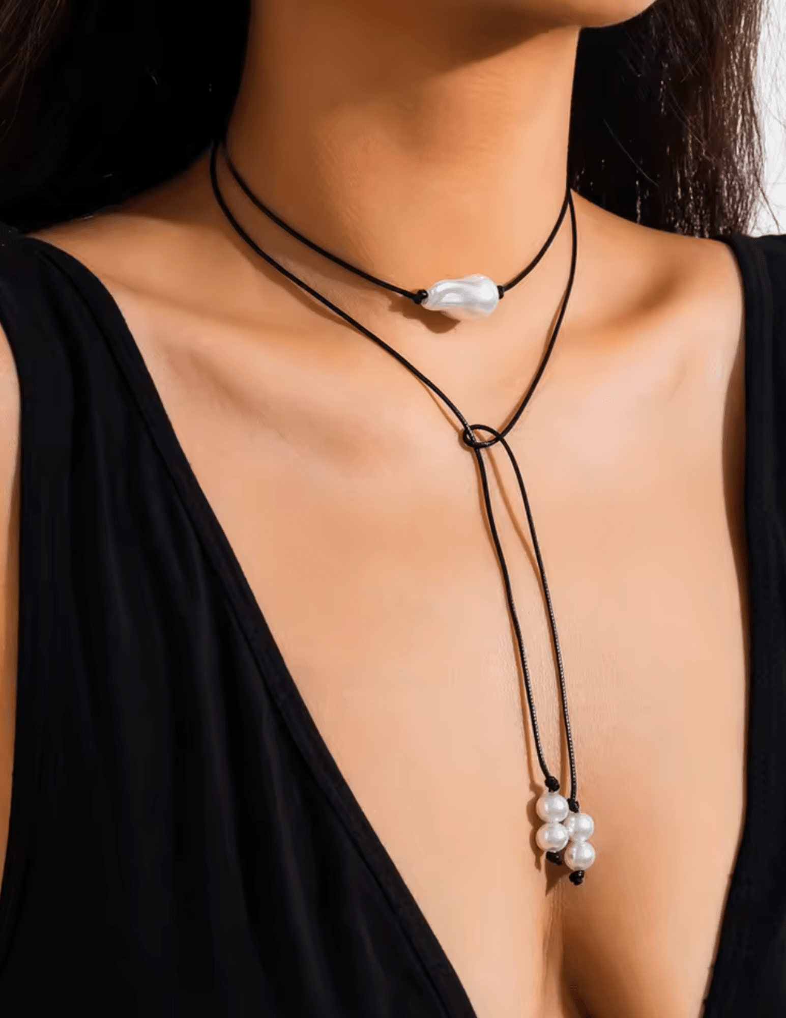 Adjustable black wax-thread pearl wrap necklace