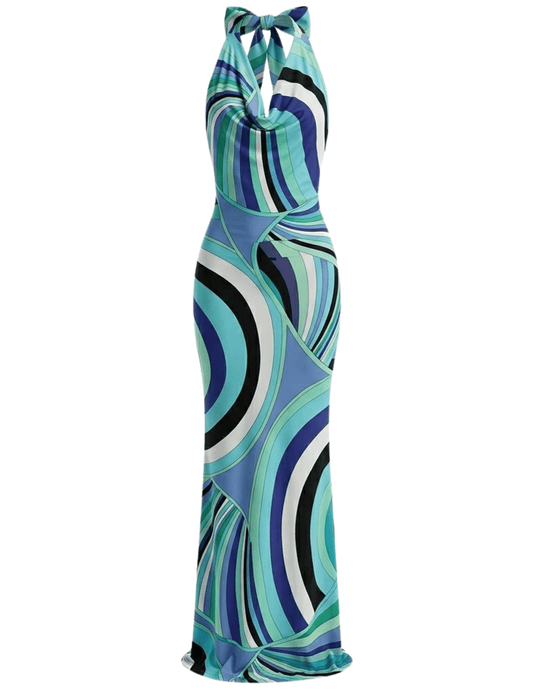 St. Barths La Robe Janine Cowl Neck Maxi Dress in Blue Purple Retro Multi