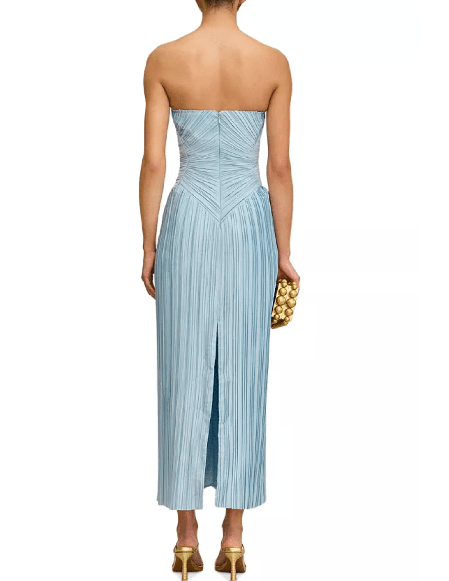 Back view of Ashika Midi Dress in Coastal showing zipper and vent