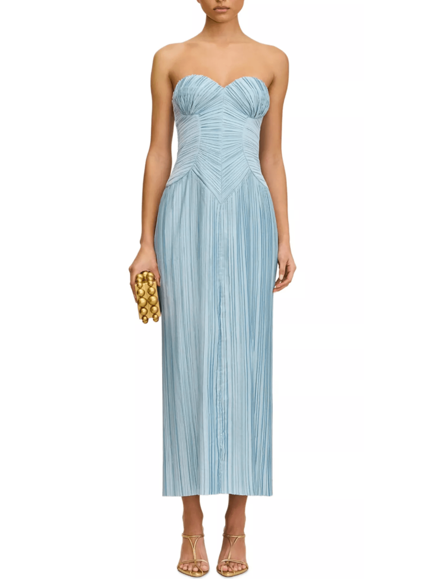 Front view of Ashika Midi Dress in Coastal showing zipper and vent