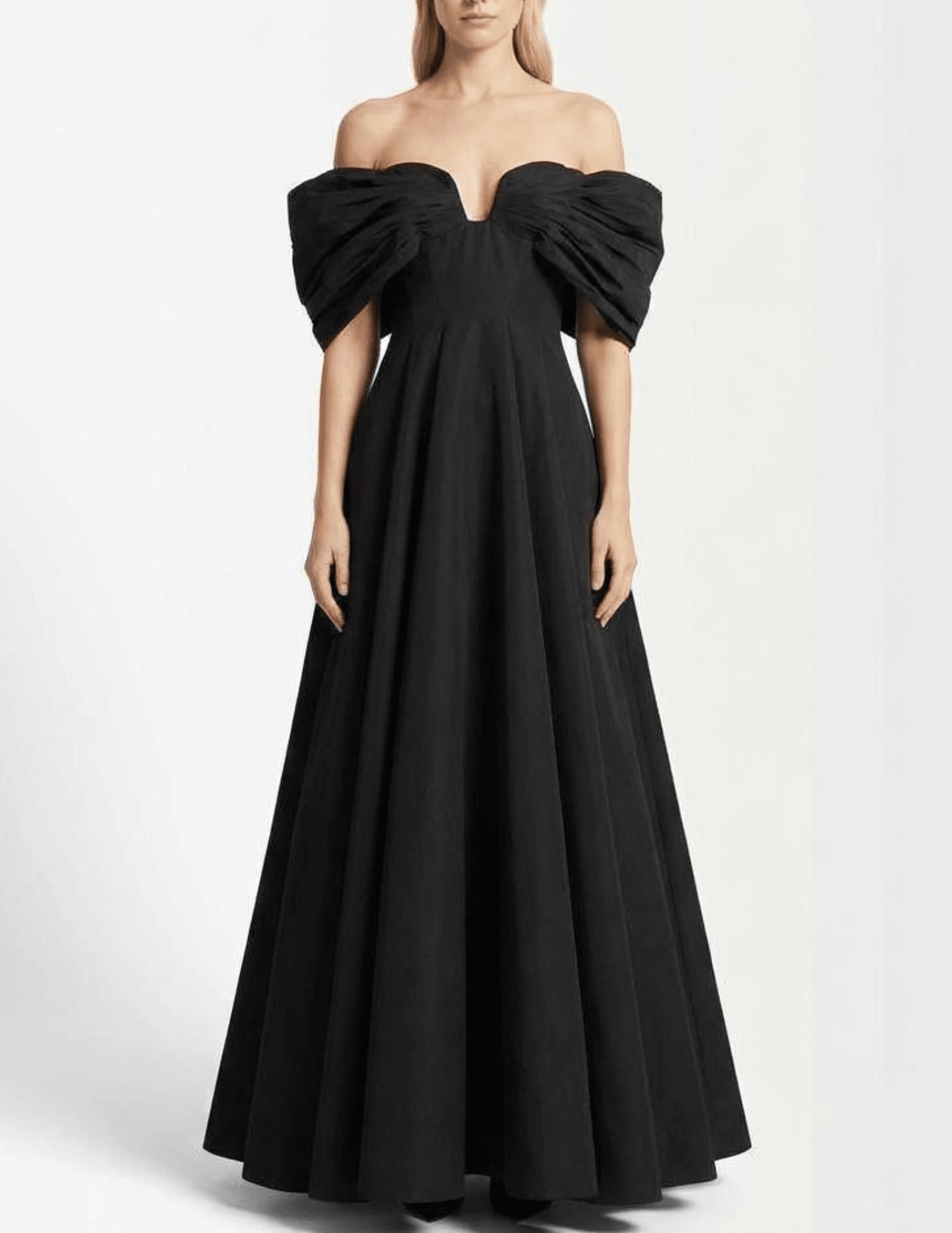 Model wearing Cult Gaia Aviva black off-shoulder evening gown