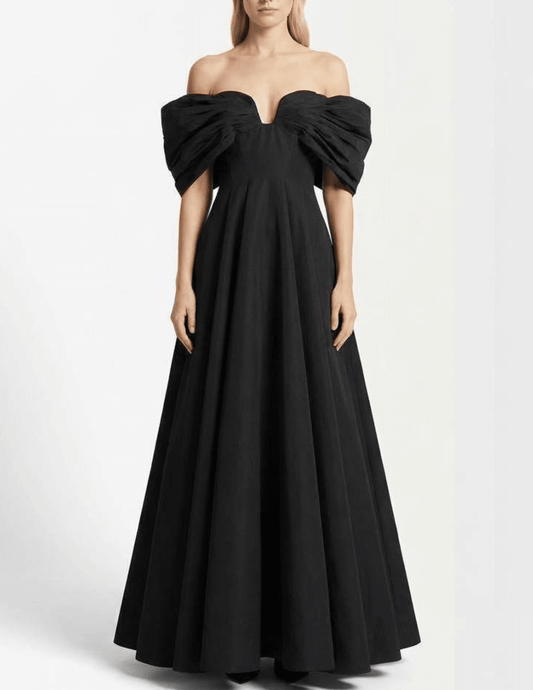 Model wearing Cult Gaia Aviva black off-shoulder evening gown