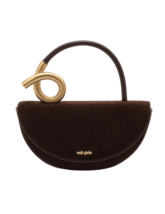 Front view of structured suede top handle bag in Dark Java.