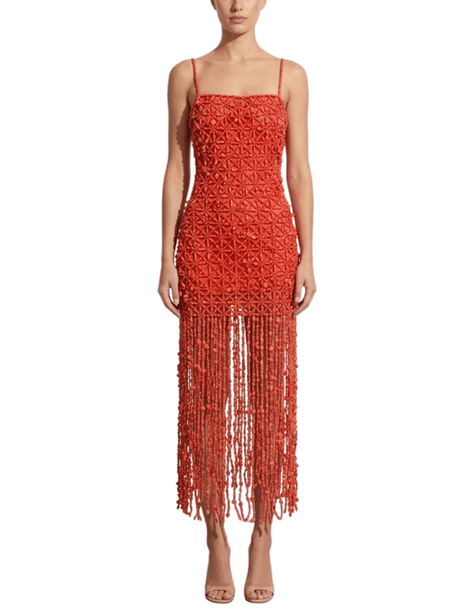 Front view of the Cult Gaia Calantha Beaded Gown in Canyon styled on a model