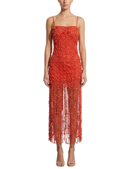 Front view of the Cult Gaia Calantha Beaded Gown in Canyon styled on a model