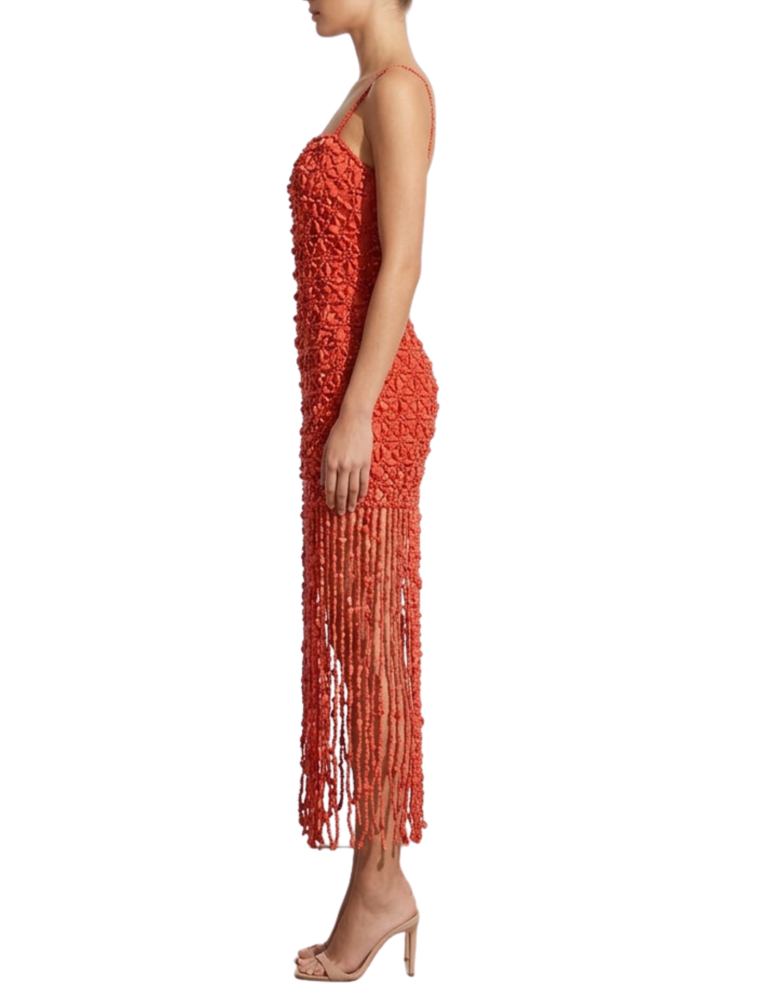 Side view of the Cult Gaia Calantha Beaded Gown highlighting the sculptural silhouette and fringe movement