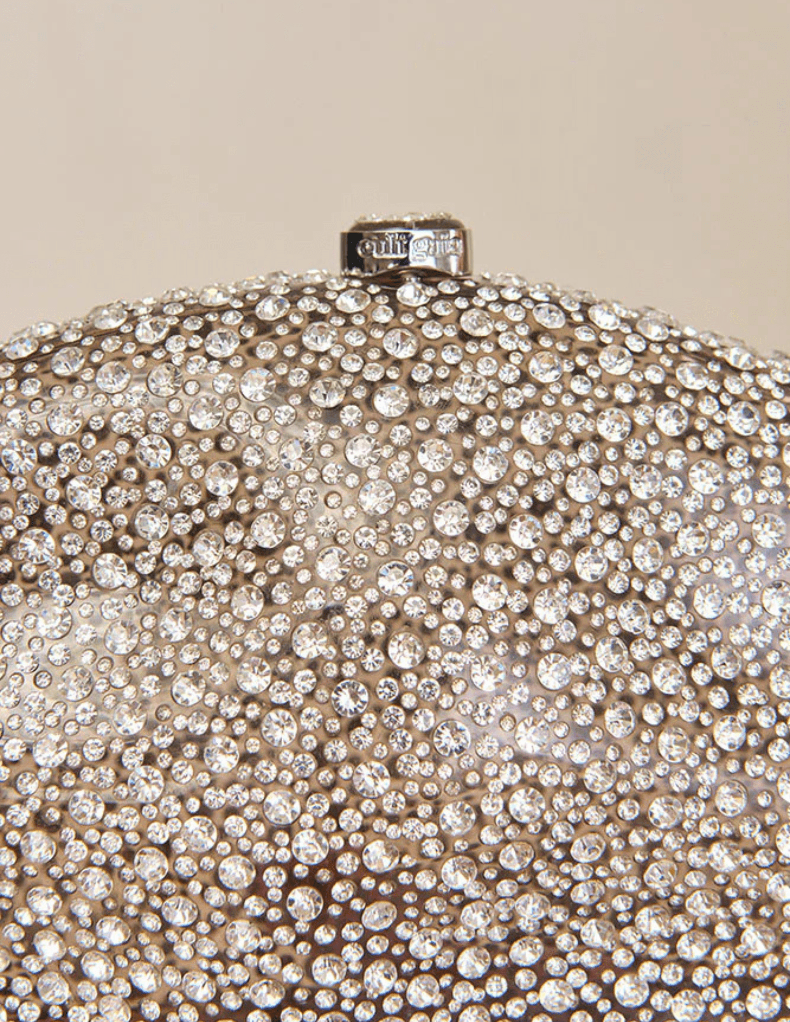 Sculptural clear clutch with silver-tone clasp and textured glass detailing.”