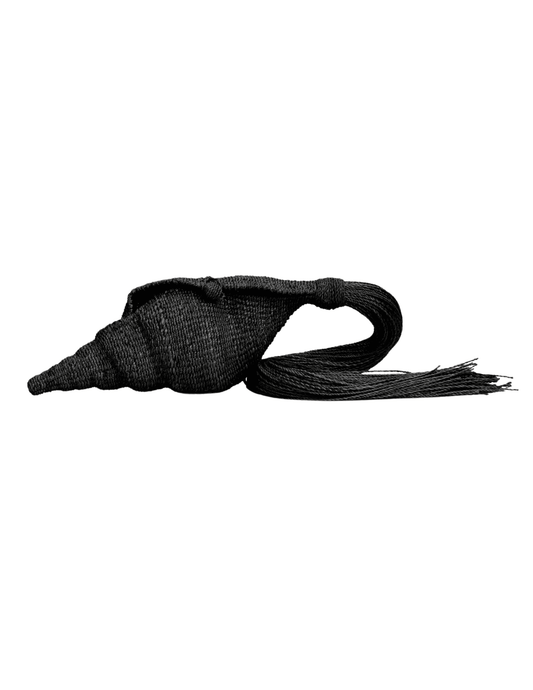 Cult Gaia Camilla Rattan Shell Clutch in black with tassel detail