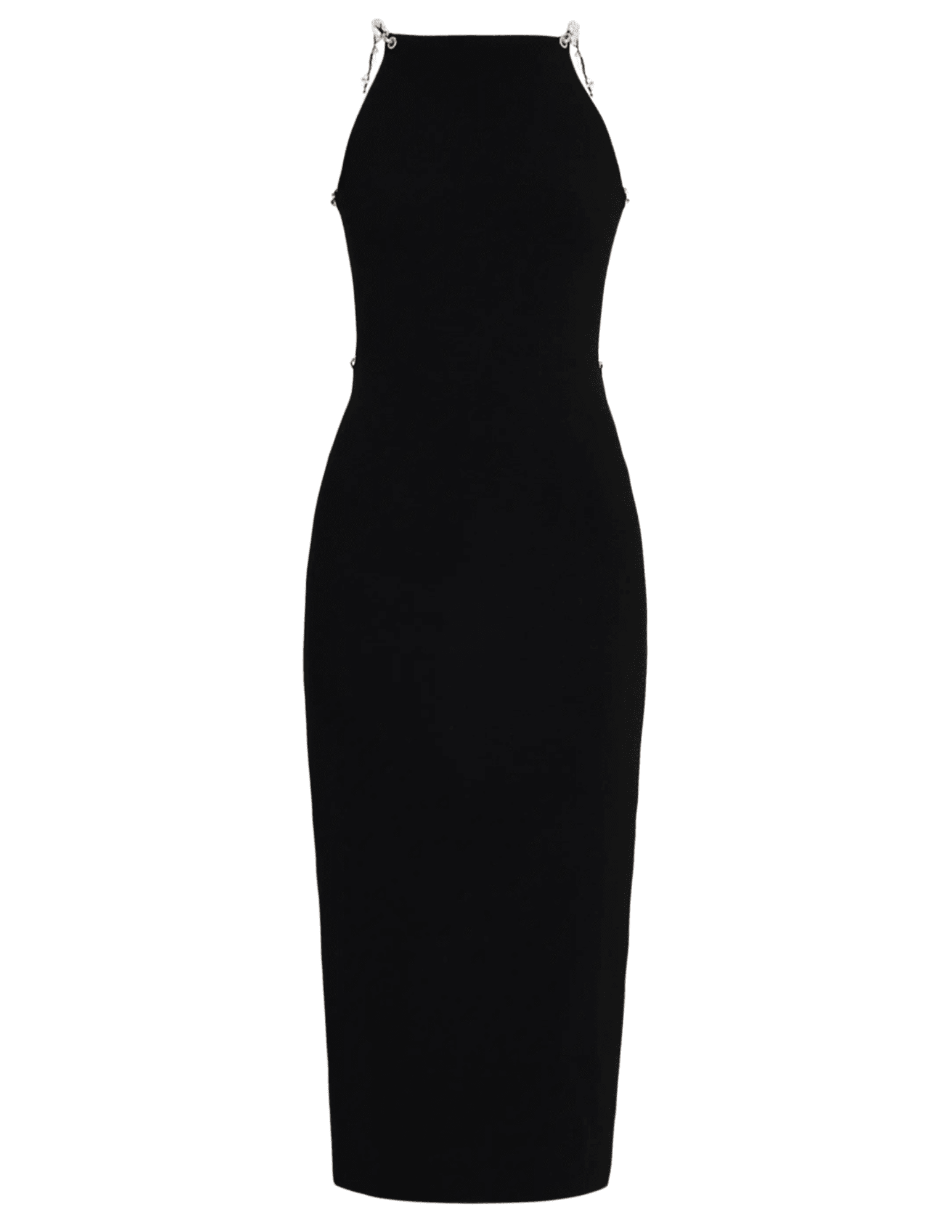 Cult Gaia Cassi Knit Midi Dress in black ribbed knit with faux pearl straps