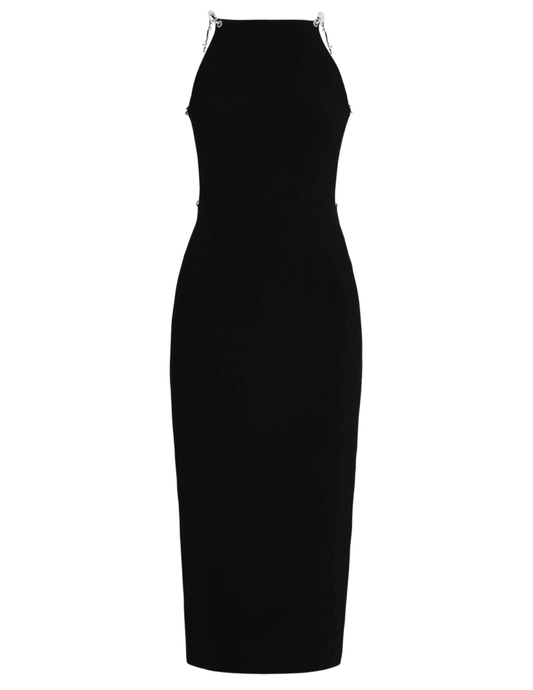 Cult Gaia Cassi Knit Midi Dress in black ribbed knit with faux pearl straps