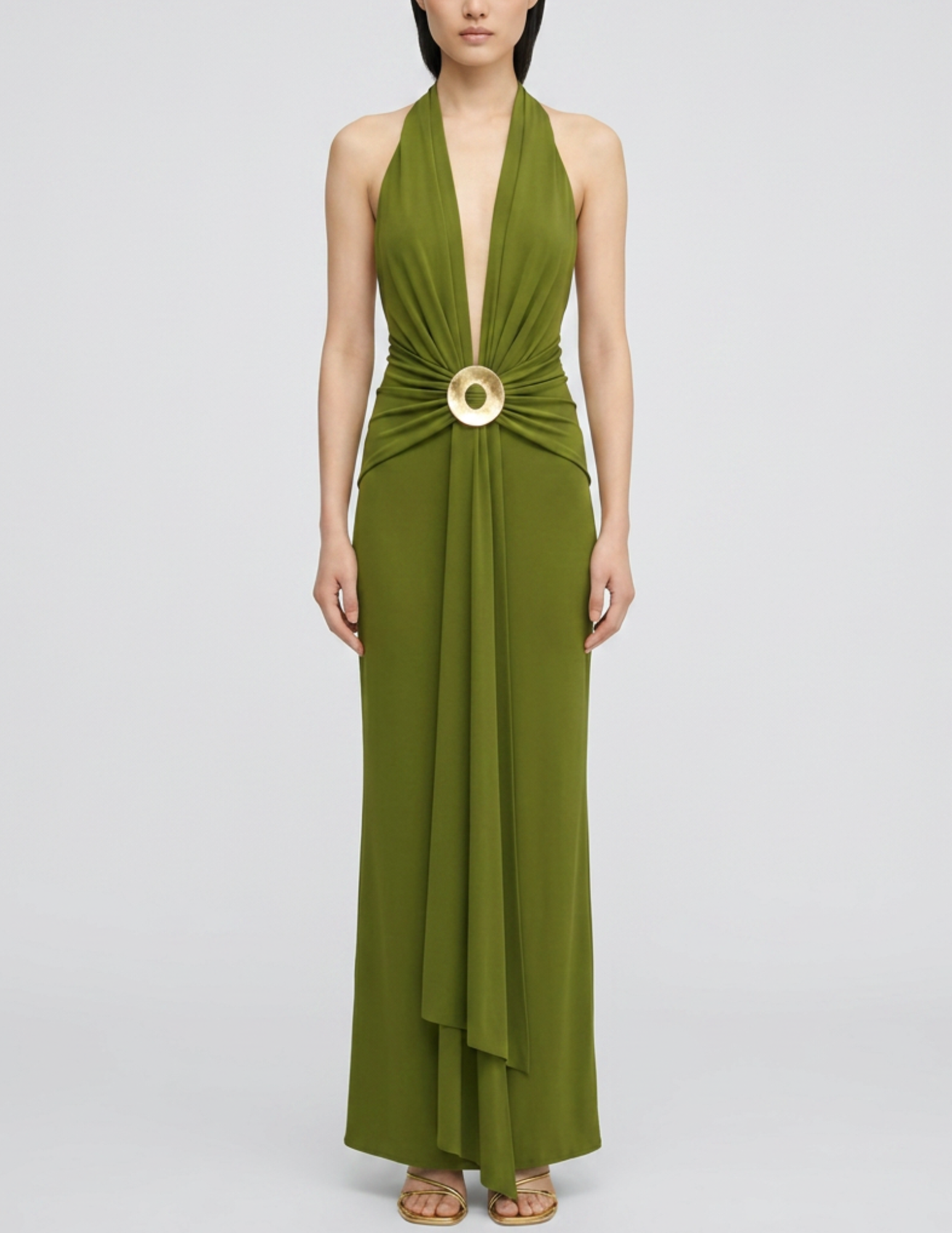 Front view of the Cult Gaia Chii Halter Maxi Dress in Deep Pasture styled on a model