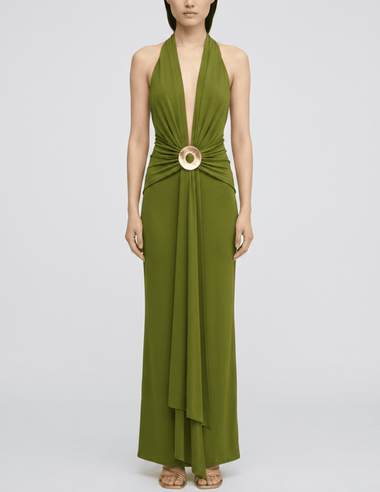 Front view of the Cult Gaia Chii Halter Maxi Dress in Deep Pasture styled on a model
