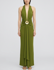 Front view of the Cult Gaia Chii Halter Maxi Dress in Deep Pasture styled on a model