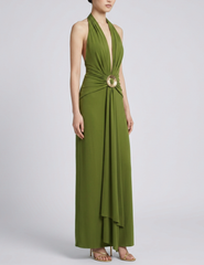 Side view of the Cult Gaia Chii Halter Maxi Dress highlighting the draped silhouette and waist detail