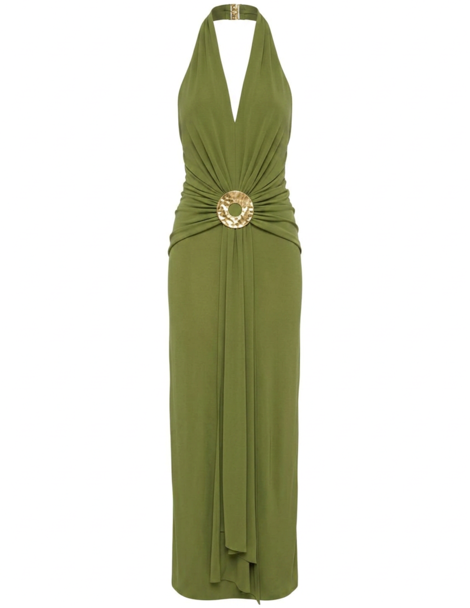 Cult Gaia Chii Halter Maxi Dress in Deep Pasture featuring a plunging halter neckline, sculptural gold-tone waist hardware, and flowing maxi silhouette