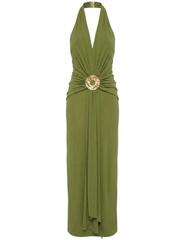 Cult Gaia Chii Halter Maxi Dress in Deep Pasture featuring a plunging halter neckline, sculptural gold-tone waist hardware, and flowing maxi silhouette