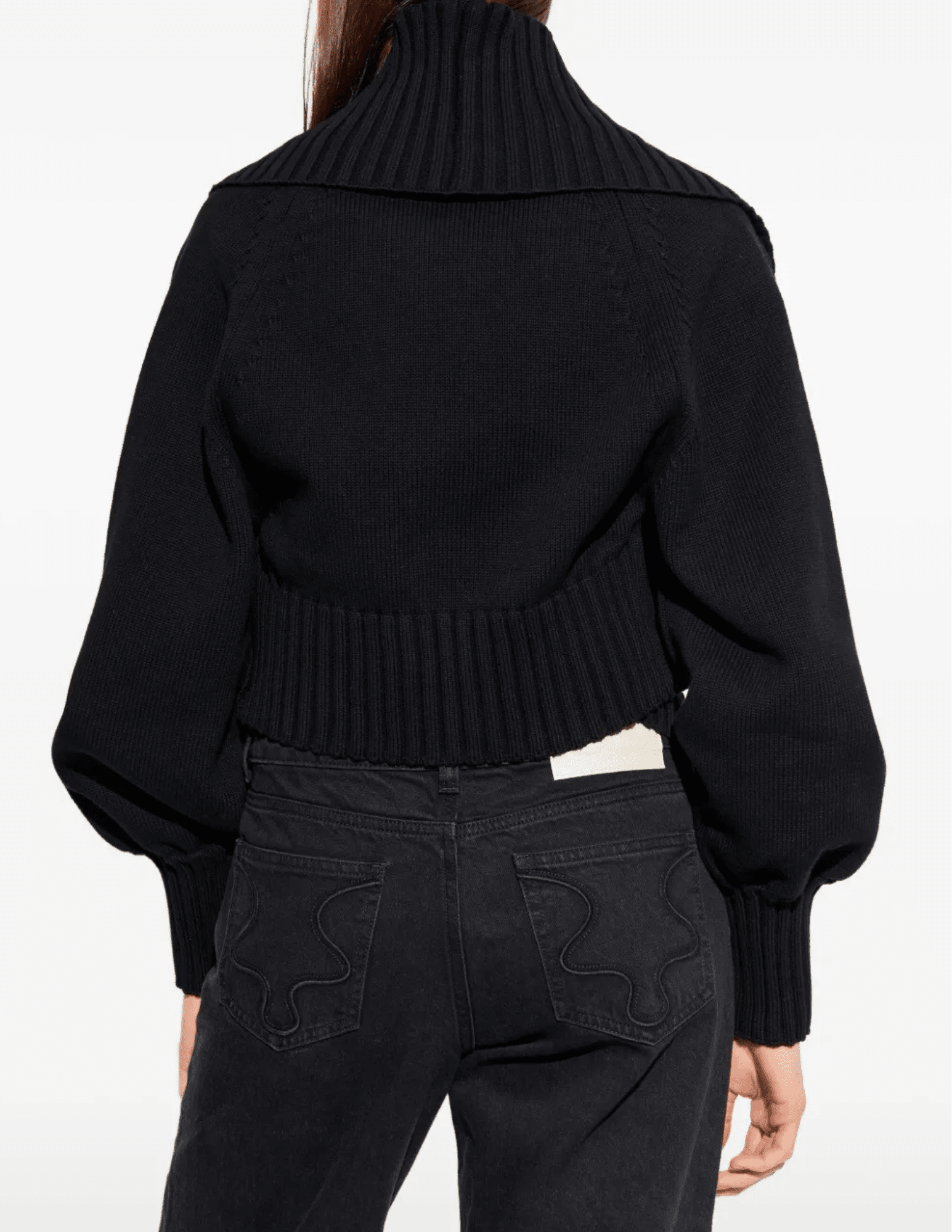 Back view of Cult Gaia Corey Open Knit Cardigan with ribbed shawl collar