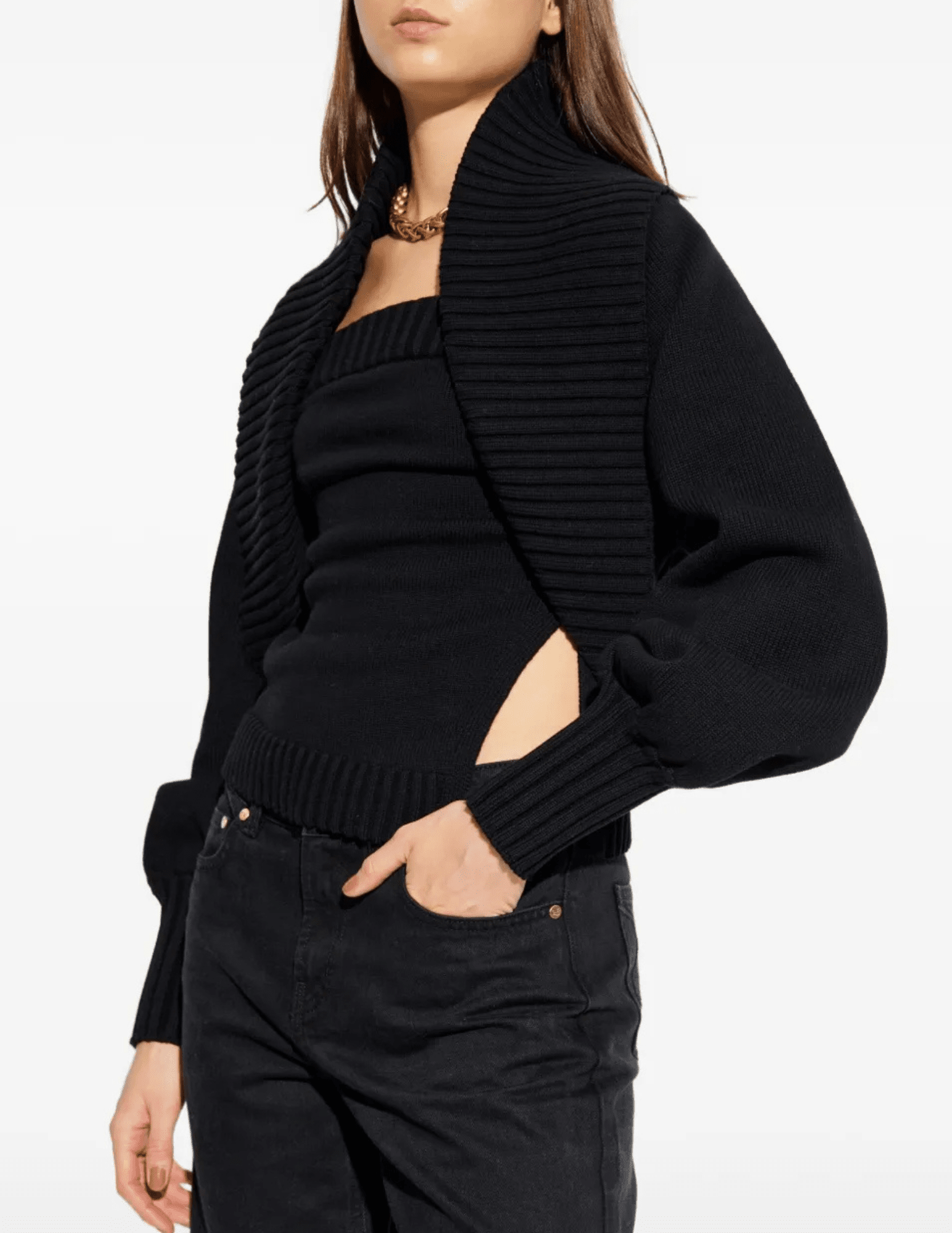 Cult Gaia Corey Open Knit Cardigan in Black front view