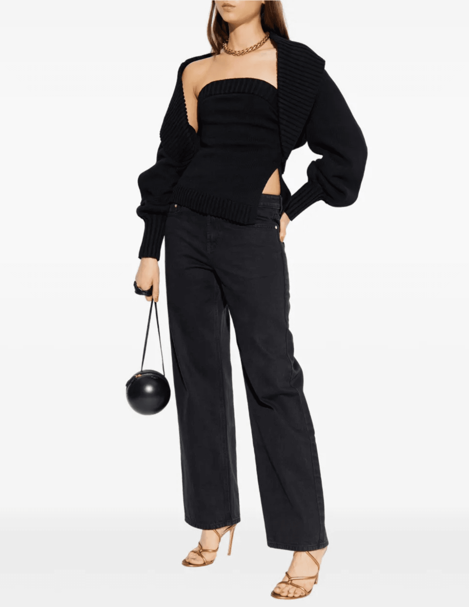 Model wearing Cult Gaia Corey Open Knit Cardigan in Black front angle