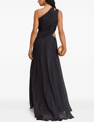 Back view of Cult Gaia Zan silk gown in deep lake with draped fabric