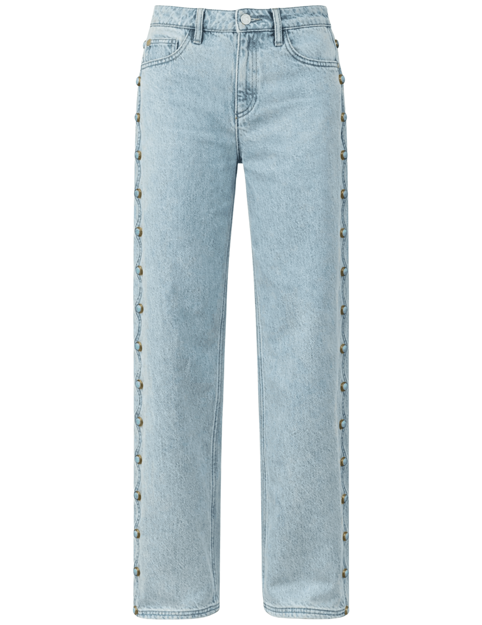Cult Gaia Elphie Low Rise Studded Jeans in Vintage Warm featuring faux turquoise stone embellishments and a wide-leg silhouette