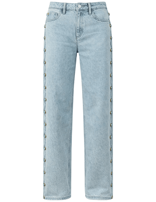 Cult Gaia Elphie Low Rise Studded Jeans in Vintage Warm featuring faux turquoise stone embellishments and a wide-leg silhouette