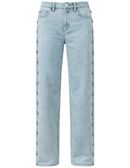 Cult Gaia Elphie Low Rise Studded Jeans in Vintage Warm featuring faux turquoise stone embellishments and a wide-leg silhouette