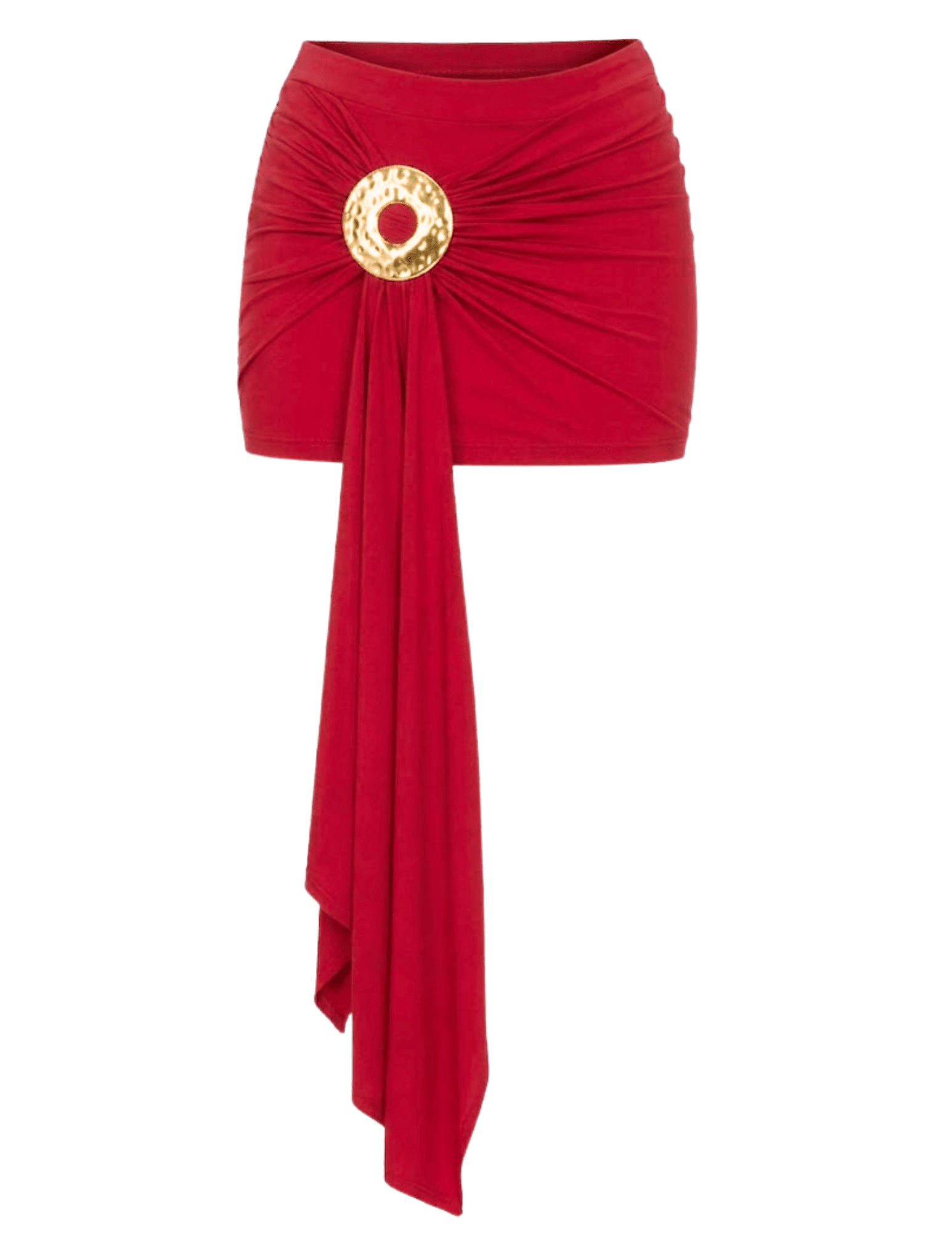 Cult Gaia Freesia Mini Skirt in Ghermez featuring a draped sash and sculptural gold-tone hardware
