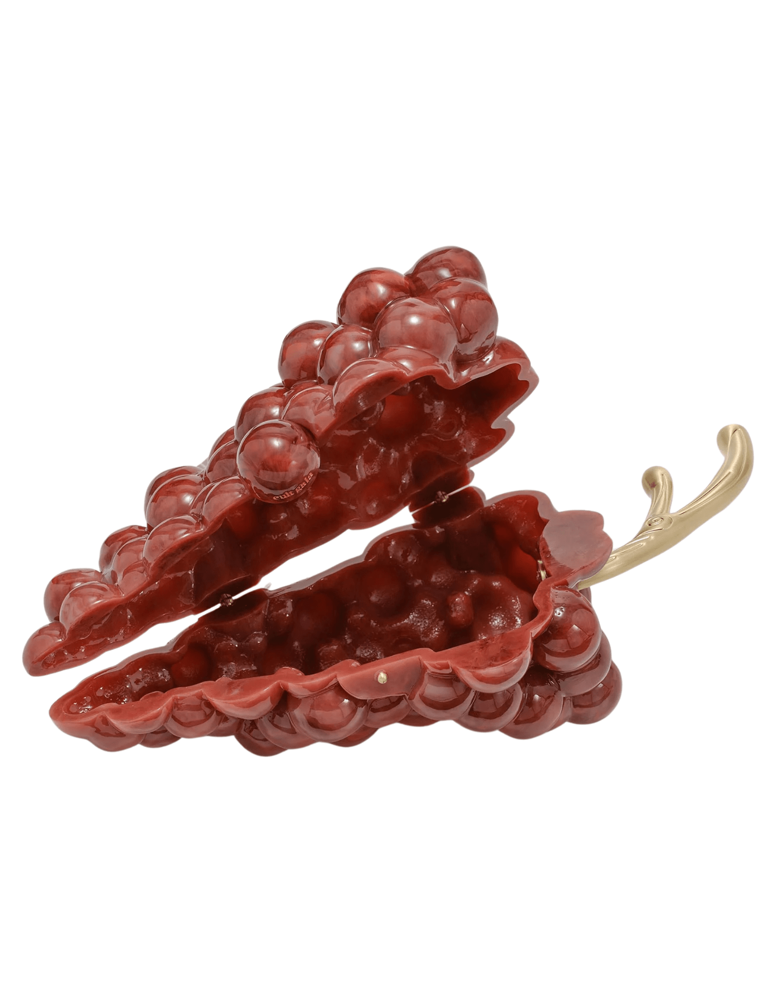 open view of sculptural acrylic grape clutch by Cult Gaia.