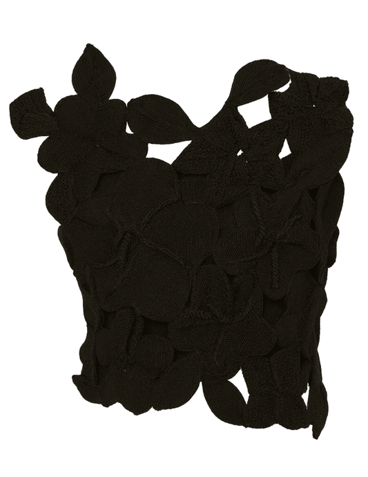 Cult Gaia Harrington Knit Top in black crochet with floral appliqué details