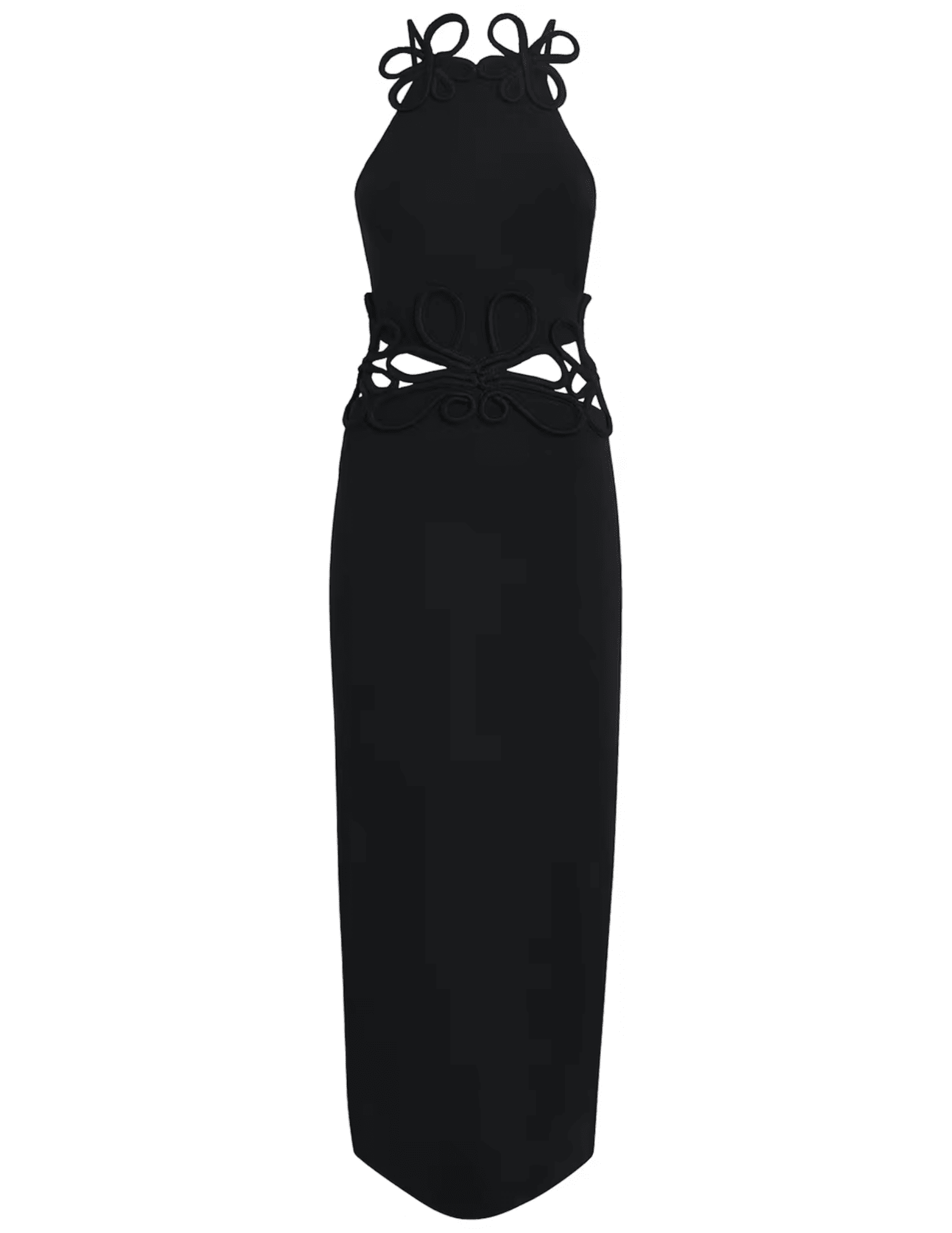 Cult Gaia Jena Knit Midi Dress in black with crochet appliqué and cutouts