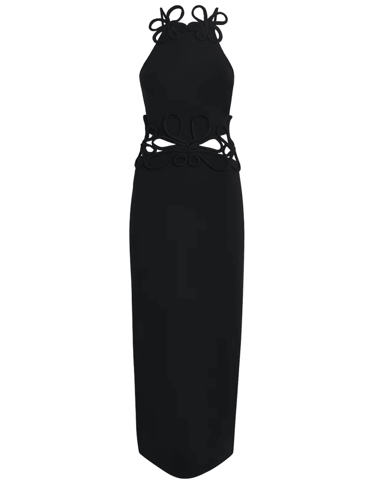 Cult Gaia Jena Knit Midi Dress in black with crochet appliqué and cutouts