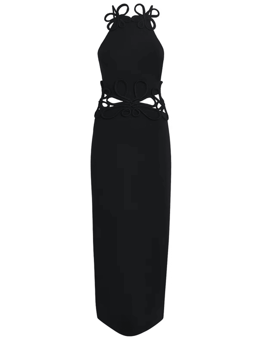 Cult Gaia Jena Knit Midi Dress in black with crochet appliqué and cutouts
