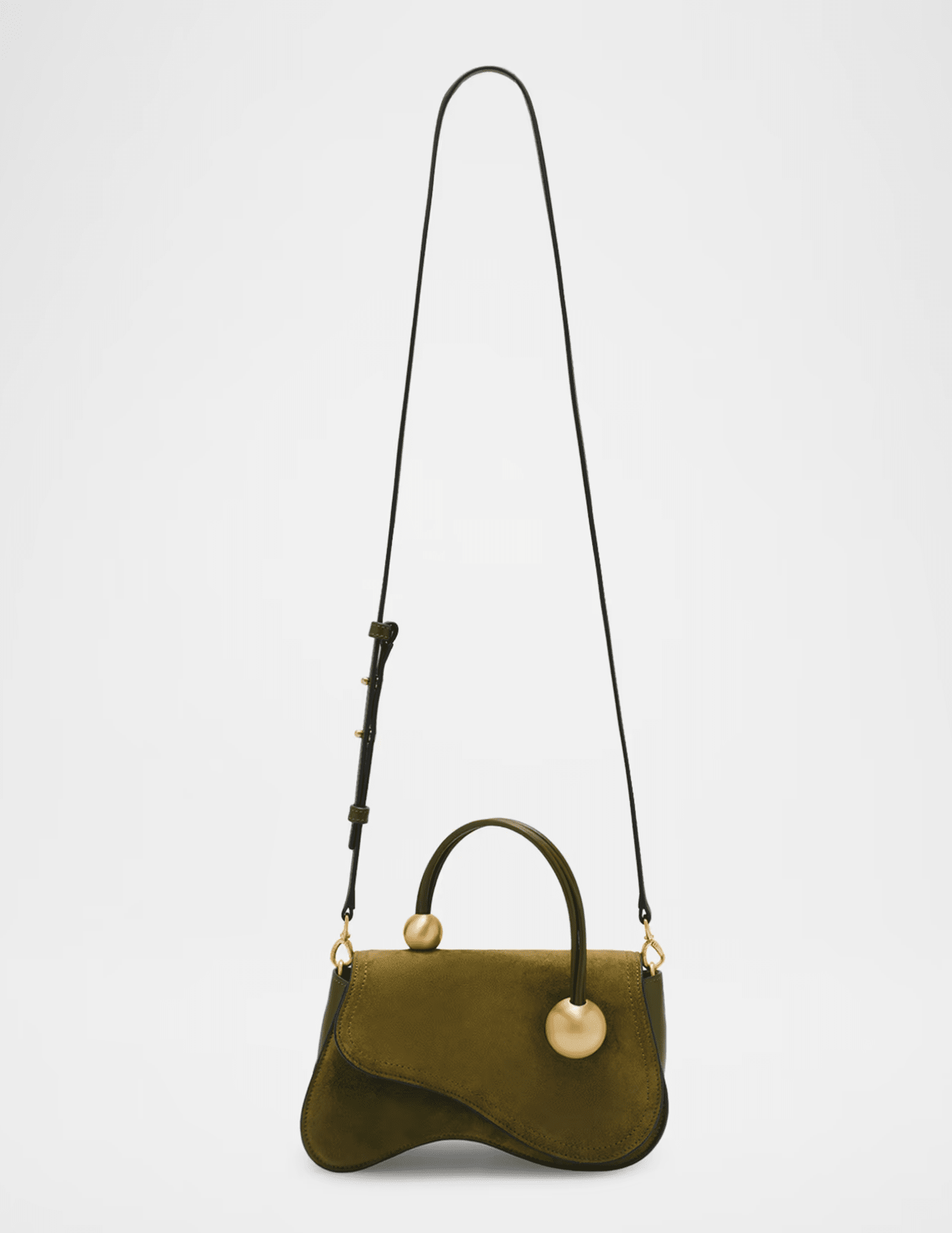 Cult Gaia Kazia Rosemary suede handbag with convertible crossbody strap and gold-tone accents.