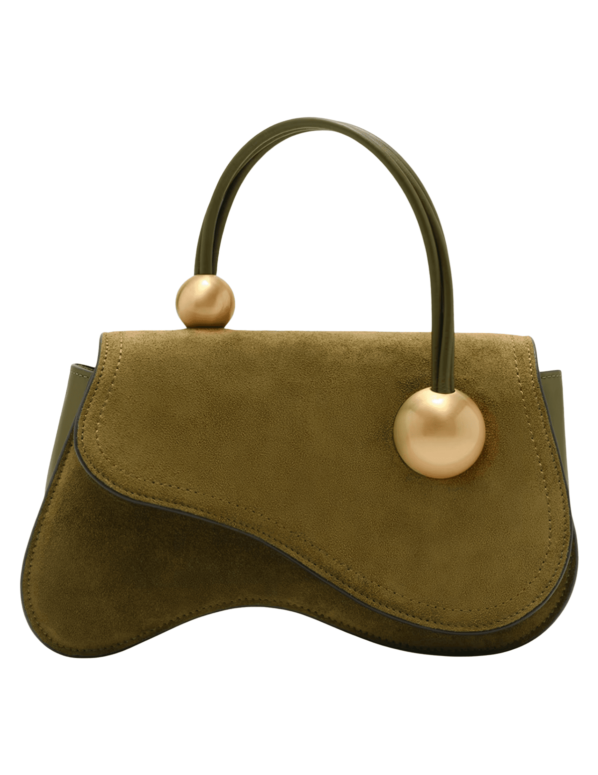 Cult Gaia Kazia Crossbody Bag in Rosemary green suede with sculptural top handle and gold sphere hardware.