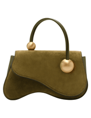 Cult Gaia Kazia Crossbody Bag in Rosemary green suede with sculptural top handle and gold sphere hardware.