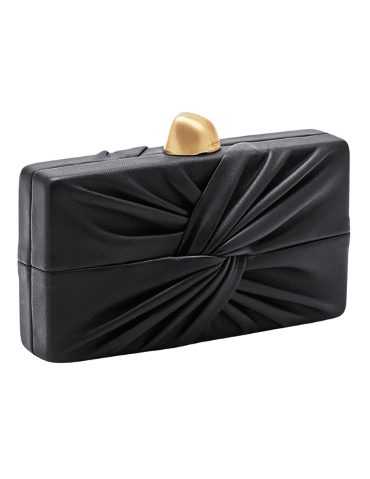 Side view of knotted leather Cult Gaia clutch in black.