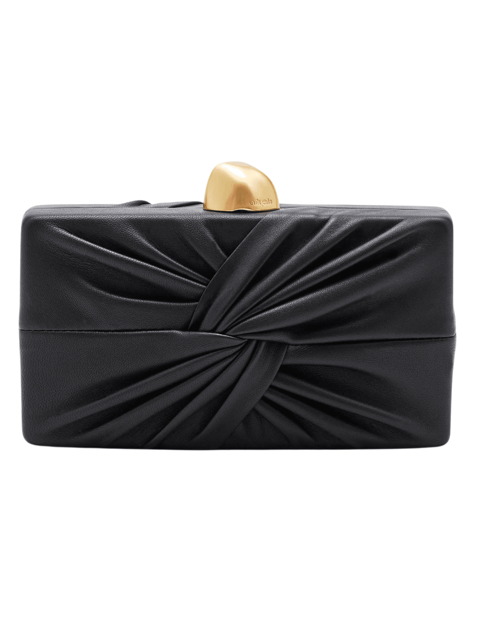 Cult Gaia Lisse Leather Clutch in black with gold abstract clasp.