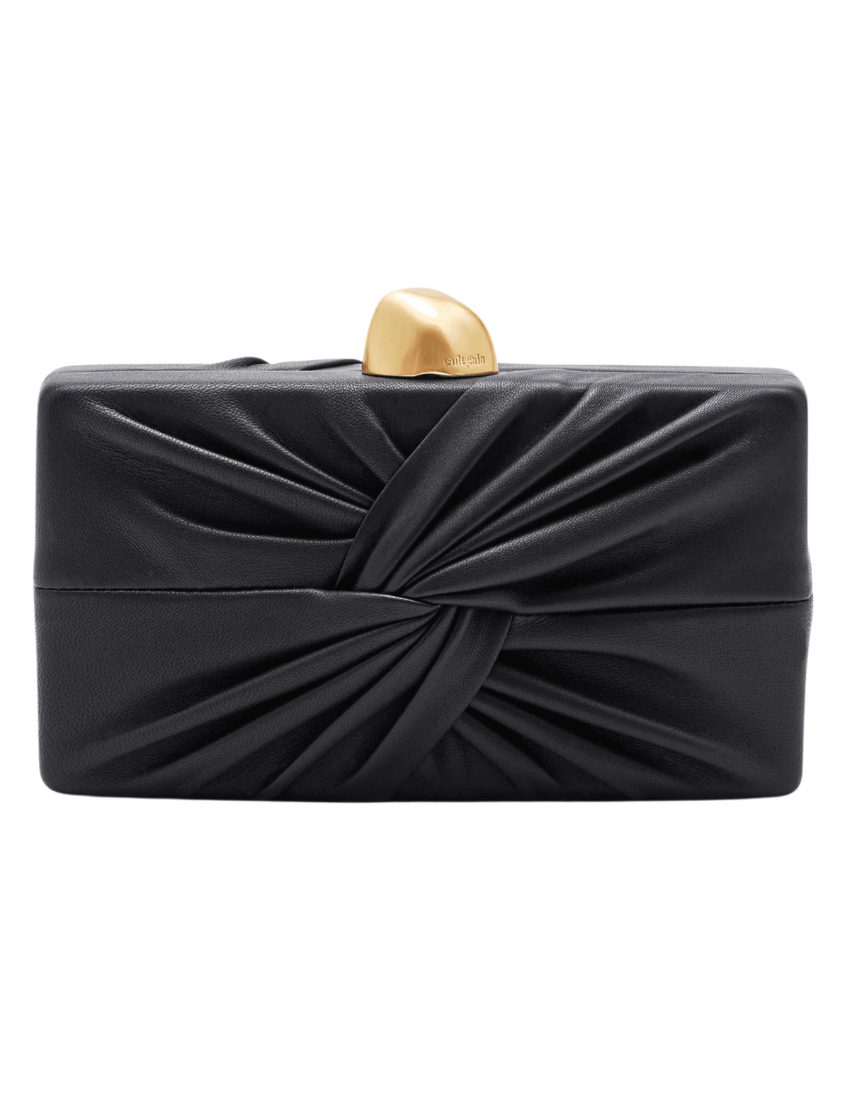Cult Gaia Lisse Leather Clutch in black with gold abstract clasp.
