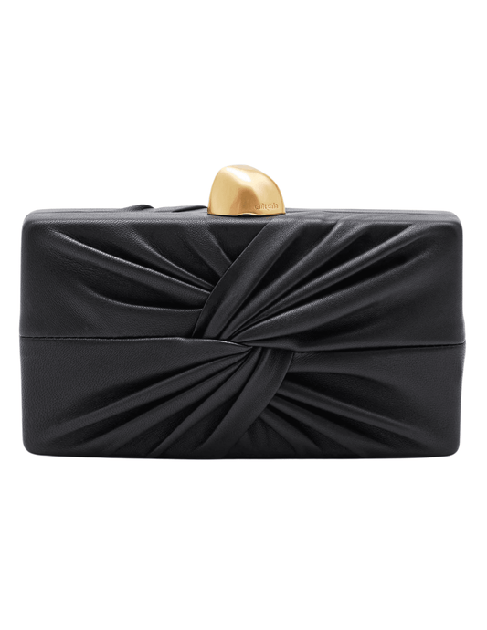 Cult Gaia Lisse Leather Clutch in black with gold abstract clasp.