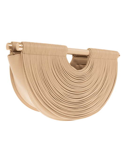 Cult Gaia Lou Leather Top Handle Bag in sand ark shape with woven leather design side view