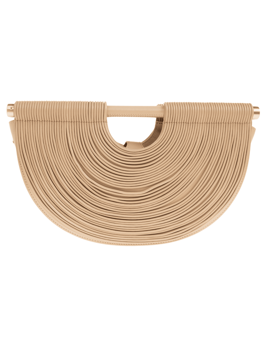 Cult Gaia Lou Leather Top Handle Bag in sand ark shape with woven leather design