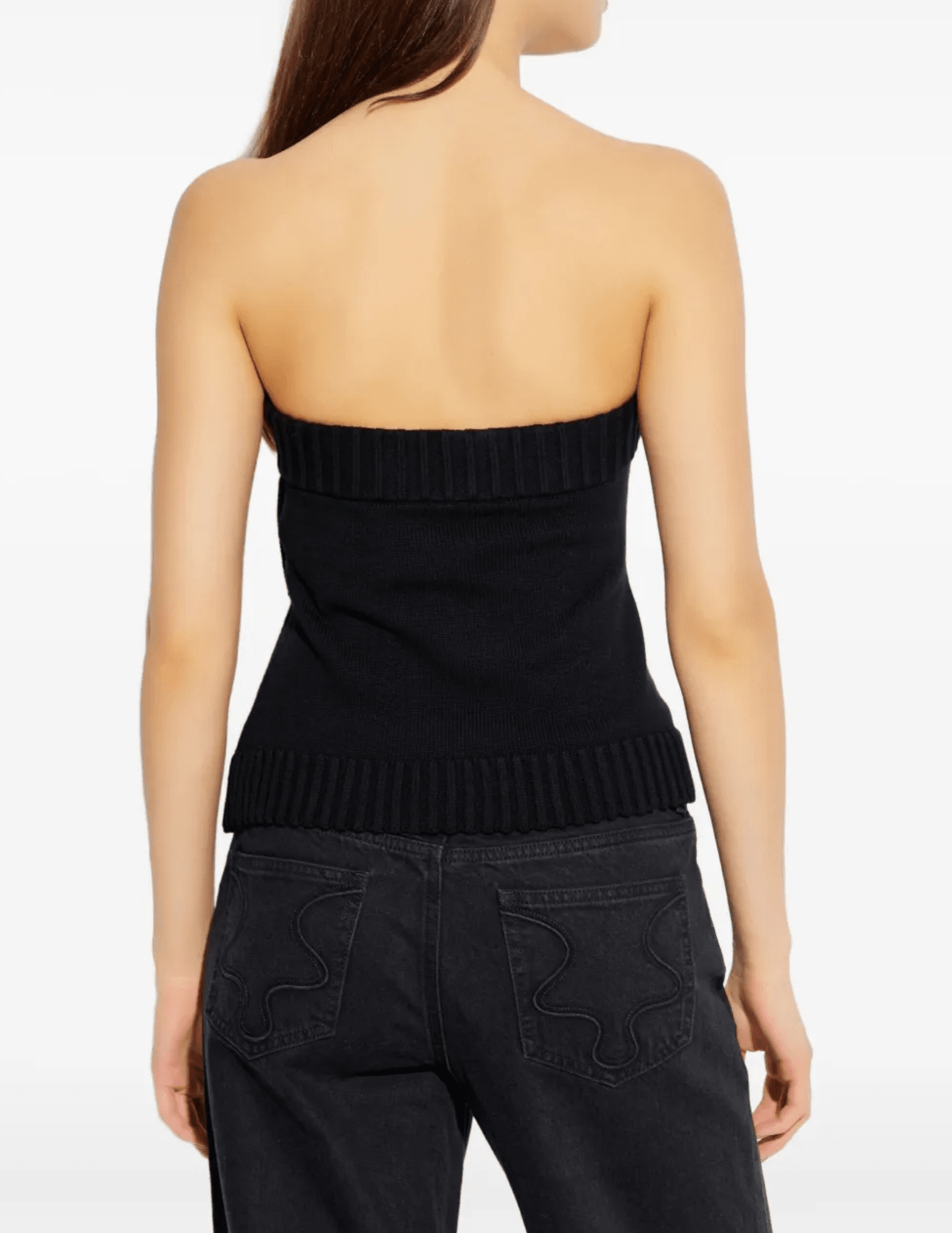 Back view of Cult Gaia Lou strapless cotton knit top in Black